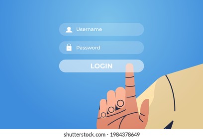 human hand pressing login button on virtual screen authorization internet networking concept