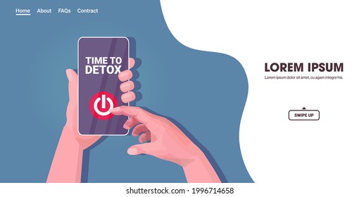 human hand pressing power off button on smartphone screen digital detox concept