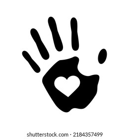 Human hand print with heart shape black silhouette icon vector. Love handprint icon vector isolated on a white background. Palm print design element