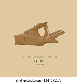 Human hand in Prithvi yoga mudra on a nude background. Yogic hand gesture.Vector illustration