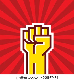 Human hand Up Proletarian Revolution - Vector Illustration Concept in Soviet Union Agitation Style. Fist of revolution creative sign. Red background. Graphic design element. 