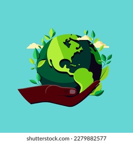 Human Hand Protecting Earth Globe With Green Leaves On Cyan Background.