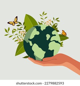 Human Hand Protecting Earth Globe With Leaves, Butterflies On Gray Background.