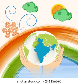 Human hand protecting globe with republic of India map and national flag colors paint stroke on decorative background.