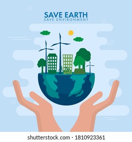 Human Hand Protection Half Earth Globe with Eco City on Blue Background for Save Earth and Environment Concept.