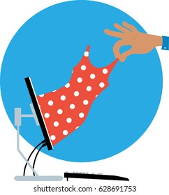 Human hand pulling a dress out of a computer monitor as a metaphor for on-line shopping, EPS 8 vector illustration
