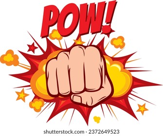 Human Hand Punching Color. Pow! Comic Book Vector Illustration.