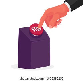 Human Hand Push With Finger On Huge Red Stop Button Isolated On White Background, Life Reloading, End Of Process, Give Up Addiction. Male Arm In Formal Wear Press Key. Cartoon Vector Illustration