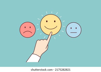 Iconos de mano humana con diferentes emociones. La persona elige el estado de ánimo o el nivel de satisfacción. Feliz o triste. Ilustración vectorial. 
