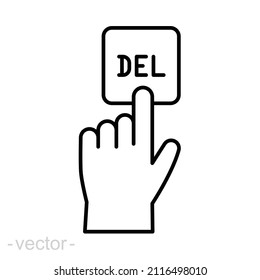 Human hand push the keyboard button delete with the index finger icon. Getting help, additional information.Isolated vector on white background. Editable stroke EPS 10