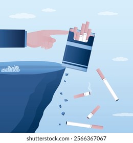 Human hand pushes cigarette pack and butts off cliff into abyss. Fighting nicotine addiction, quit smoking. Way to healthy lifestyle, tobacco refuse. Social issues, dependence. vector illustration