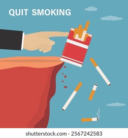 Human hand pushes cigarette pack and butts off cliff into abyss. Fighting nicotine addiction, quit smoking. Way to healthy lifestyle, tobacco refuse. Social issues, dependence. vector illustration