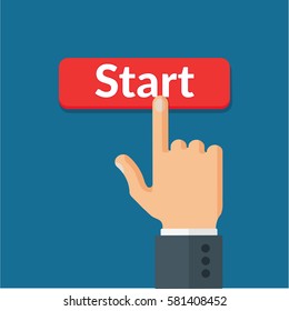 Human hand pushes the red start button. Business, beginning, technology and starting concept. Top view flat style vector illustration.