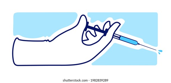 Eine menschliche Hand drückt eine Spritze. Der medizinische Handschuh eines Arztes gibt einen Impfstoff zur Injektion. Injektion der Impfung. Eine Vektorgrafik-Illustration.