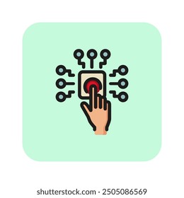 Human hand pushing button line icon. Electronic tool, virtual touchscreen, cyber security. Printing industry concept. Vector can be used for topics like cybernetics, technology, electronics