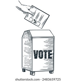 Human hand puts ballot paper in election vote box. Man or woman holding sheet of paper. Vector hand drawn sketch illustration isolated on white background. Government voting, politic democracy concept