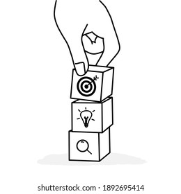 La mano humana pone un bloque con una estrategia comercial de iconos. Línea de vectores.