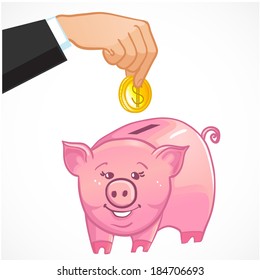 Human hand puts a coin in cute piggy bank, eps10