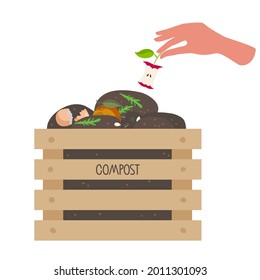 Human hand puts core apple in box with compost. Wooden box with fruits, vegetable scraps, greens in ground. No Food waste. Environmentally responsible behavior. Garbage sorting. Recycling concept.