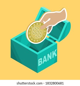 A human hand puts a dollar coin into a box as a symbol of the reliability and safety of bank storage. Isometric icon, pictogram, emblem. Vector illustration