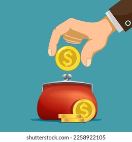 La mano humana pone una moneda de un dólar en una billetera. Ahorro financiero y pago de impuestos. Ilustración del vector