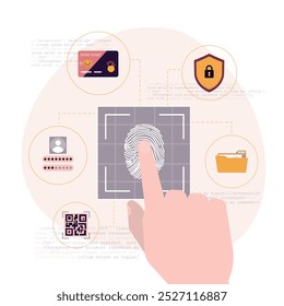 Die menschliche Hand legt den Finger auf den Sensor. Passwort für biometrischen Fingerabdruck mit Vorhängeschloss und Schildsymbolen. Tippen Sie auf ID. Passwortschnittstelle für die Anmeldung. Authentifizierung und Verifizierung, ​​. Vektorgrafik