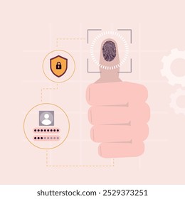 La mano humana pone el dedo en el sensor. Contraseña biométrica de huellas dactilares con candado e íconos de escudo. Toque ID. Interfaz de Contraseña al Iniciar sesión. Autenticación y verificación​seguridad​. Ilustración vectorial