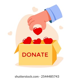 Human hand puts heart in box. Donation concept, charity, hope. Help and support. Vector stock illustration.