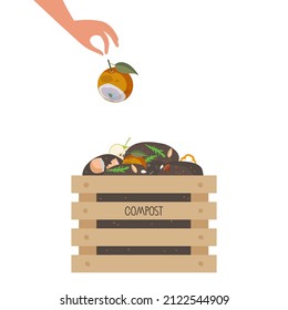 Human hand puts spoiled orange fruit in box with compost. Wooden box with fruits, vegetable scraps, greens in ground. No Food waste. Environmentally responsible behavior. Garbage sorting. Recycling.