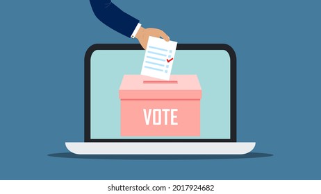 Human hand puts vote bulletin into vote box on the laptop screen, online voting. Vote bulletin, vote box, ballot box, elections, voting, online voting concepts. Blue background.