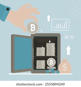 Human hand putting bitcoin into strong box. Crypto currency savings. Investor insert bitcoin in virtual metal safe. Asset management. Deposit, finance, investment concept. flat vector illustration