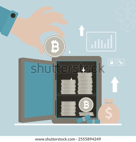 Human hand putting bitcoin into strong box. Crypto currency savings. Investor insert bitcoin in virtual metal safe. Asset management. Deposit, finance, investment concept. flat vector illustration