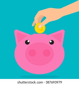 Human hand putting coin into a piggy bank with shadows. Flat design vector illustration money saving concept.