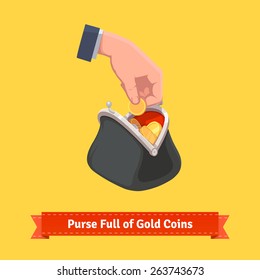 Human hand putting a coin to a retro money purse. Flat style vector illustration.