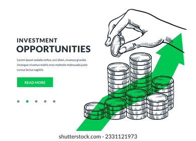 Human hand putting coin to stack of coins on green arrow background. Investment, saving money and finance growth business concept. Hand drawn vector sketch illustration for poster or banner design