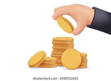 Human hand putting coin to stack of coins 3D illustration background. Investment, saving money and finance growth business concept. 3D cartoon vector illustration for poster or banner design