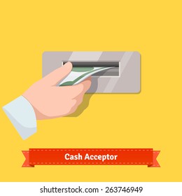 Human hand putting dollar banknote to a cash validator. Flat style vector icon. 