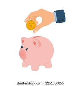 Human hand putting dollar coin into piggy bank. Money saving concept. Hand drawn vector illustration isolated on white background, modern flat cartoon style.