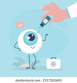 Human hand putting eye drops for dry eye or sore eyeball treatment. Eye drops bottle or eyedropper in hand. Eyesight, health care. flat design vector illustration