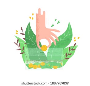 Human hand putting golden coin into transparent money box vector flat illustration. Philanthropist arm hold cash surrounded by tropical leaves isolated. Concept of donation, charity and saving money