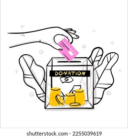 Human hand putting golden coin into transparent money box vector illustration. Philanthropist arm hold cash surrounded. Concept of donation, charity and saving money. Human throws money card in box.