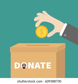 Human Hand Putting Golden Coin Money With Dollar Sign Into Donation Paper Cardboard Box. Helping Hands Concept. Donate And Help Pets Animals. Dog Cat Paw Print. Flat Design. Green Background. Vector