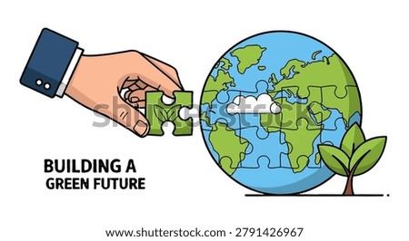 Human hand putting green puzzle piece