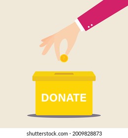 Mano humana poniendo moneda de rupia india en la ilustración vectorial de caja de donación en un diseño de estilo plano.