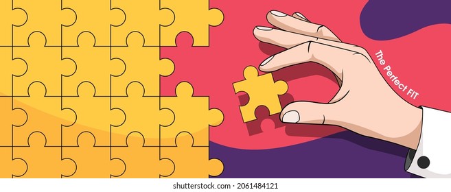 Human hand putting the last piece of the jigsaw together to complete the picture. Vector design can be used for advertising and presentations for leadership, problem solving skills and what not.