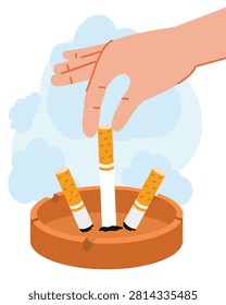 Human hand putting out a cigarette butt in brown ceramic ashtray.