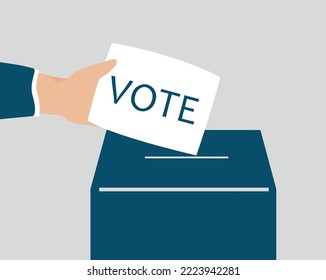 Human hand putting paper ballot in the ballot box. Illustration of Voting and Election. Vote now. Pre-election campaign concept.
