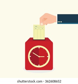 Human Hand putting paper card in time recorder machine, vector illustration.