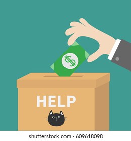 Human hand putting paper money bill with dollar sign into donation paper cardboard box. Helping hands concept. Donate and help cats. Flat design style. Green background. Vector illustration.