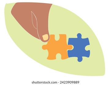 Piezas de rompecabezas de mano humana. Ilustración vectorial. Solución de problemas, desafío estratégico. Éxito de la asociación. Concepto de negocio. Metáfora del equipo. Símbolo de trabajo en equipo, cooperación, lluvia de ideas.